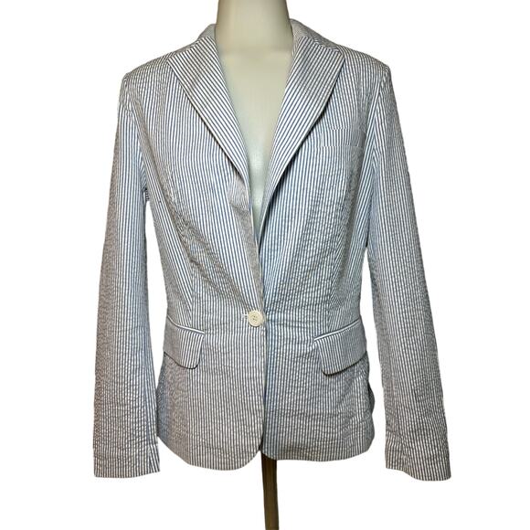 Venus Women’s Blazer Coat Jacket Size 2 Blue & White Seersucker 1 Button Career - Picture 1 of 5
